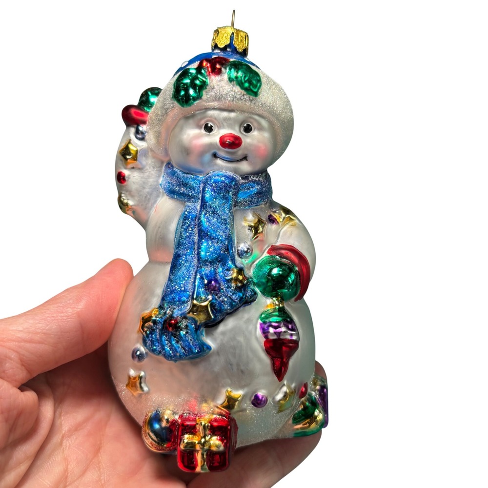 Vintage White Glittered Glass Snowman Blue Scarf Christmas Ornament